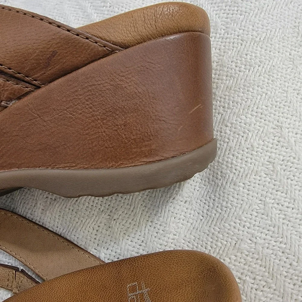 Dansko Ana Wedge Slide Buckle Sandals Tan Glazed Kid Leather Size EU 37 US 6.5-7